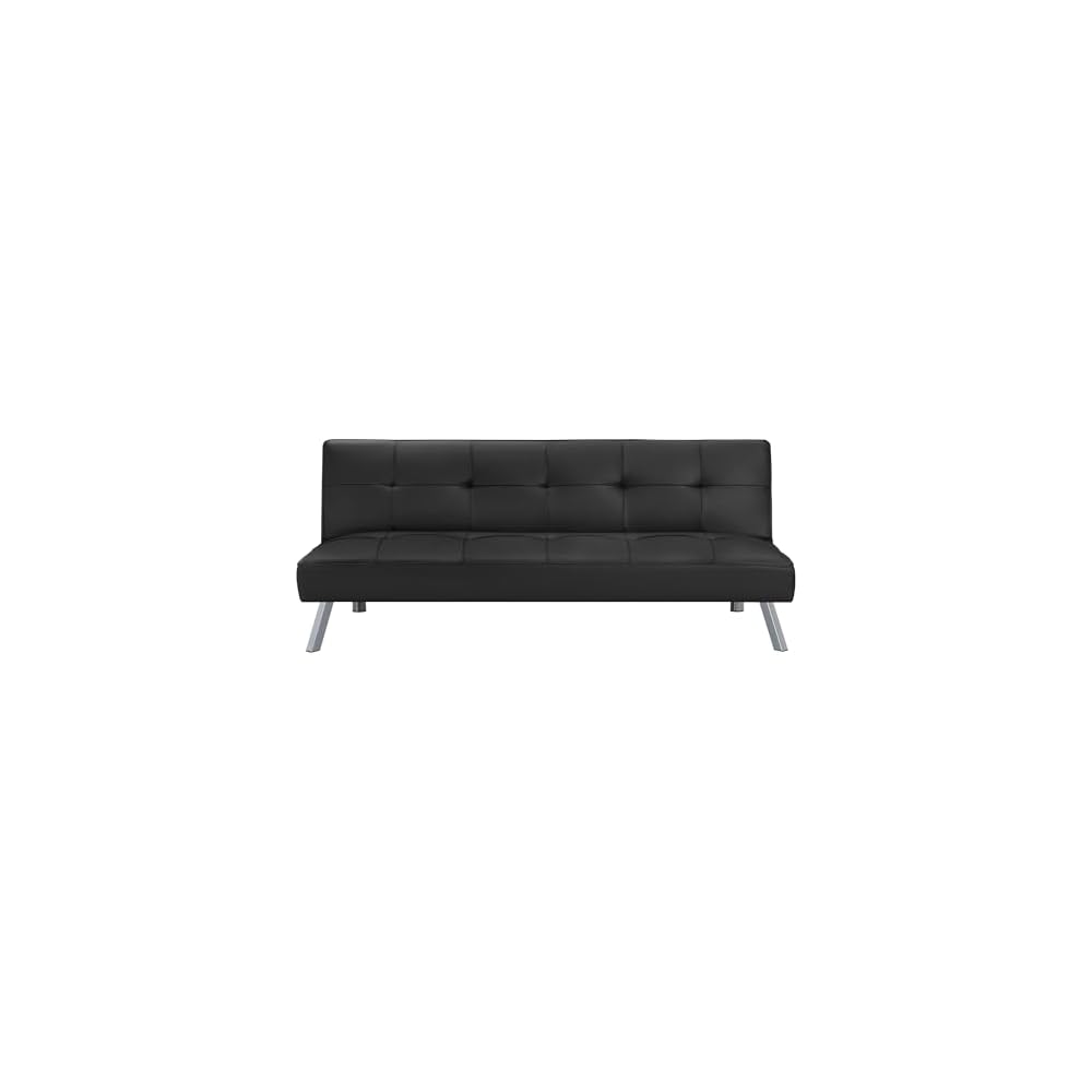 OSP Home Furnishings Kenneth Modern Button Tufted Convertible Click-Clack Futon Sofa Bed, Black Faux Leather with Chrome Legs