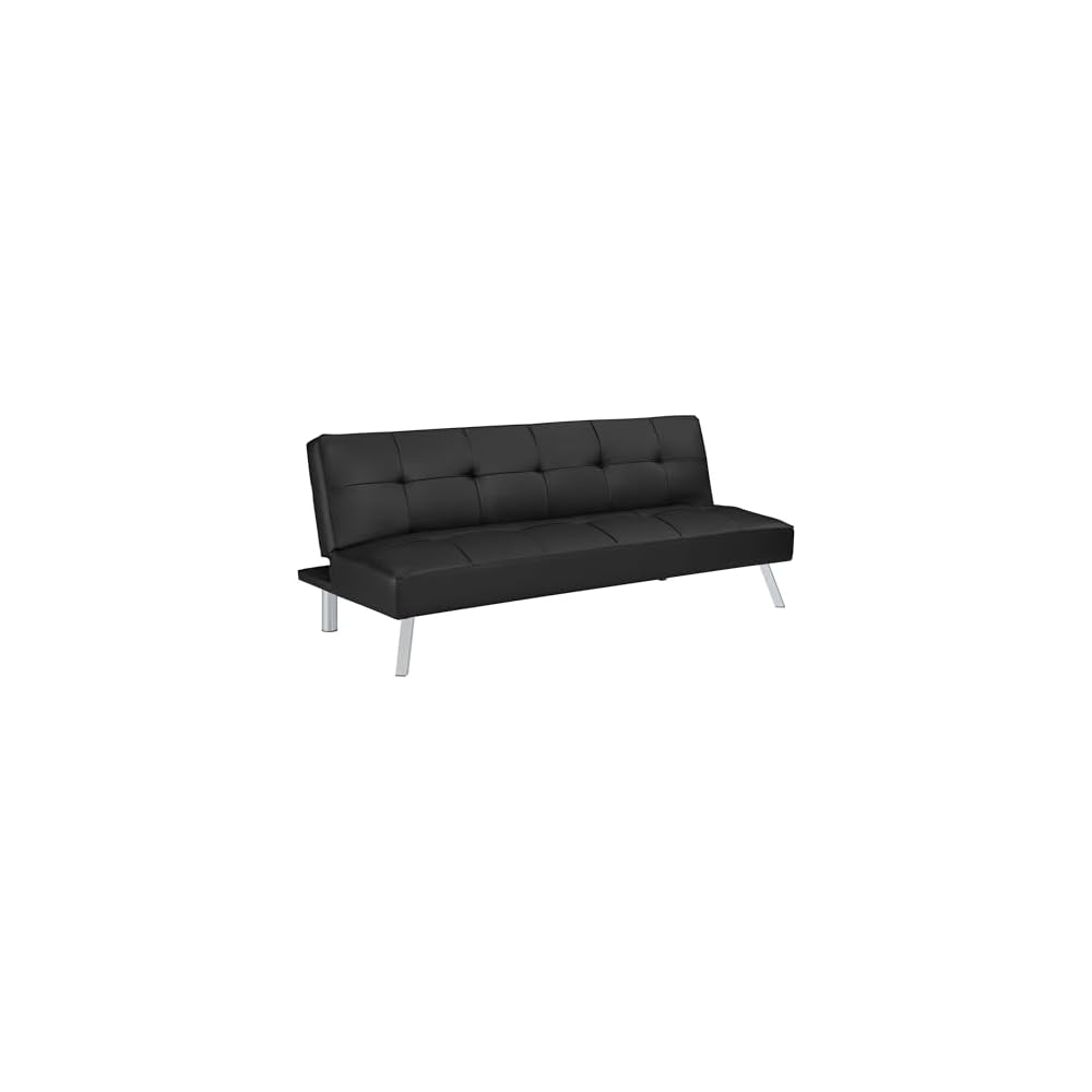 OSP Home Furnishings Kenneth Modern Button Tufted Convertible Click-Clack Futon Sofa Bed, Black Faux Leather with Chrome Legs