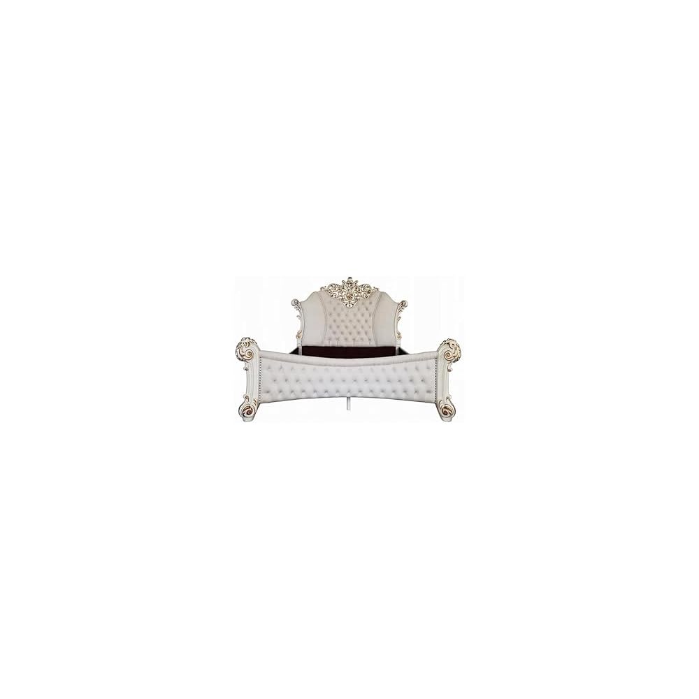 Antoine King Size Bed, Ivory Faux Leather Victorian Carved Pearl White