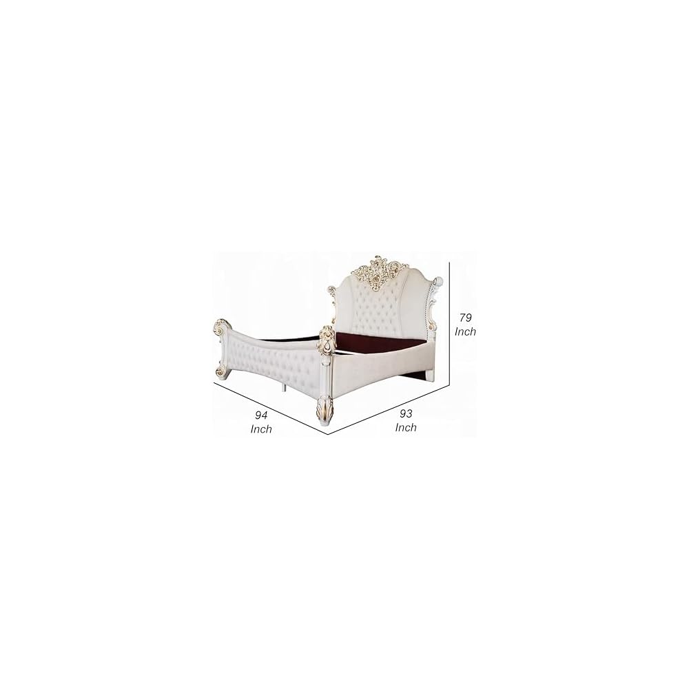 Antoine King Size Bed, Ivory Faux Leather Victorian Carved Pearl White