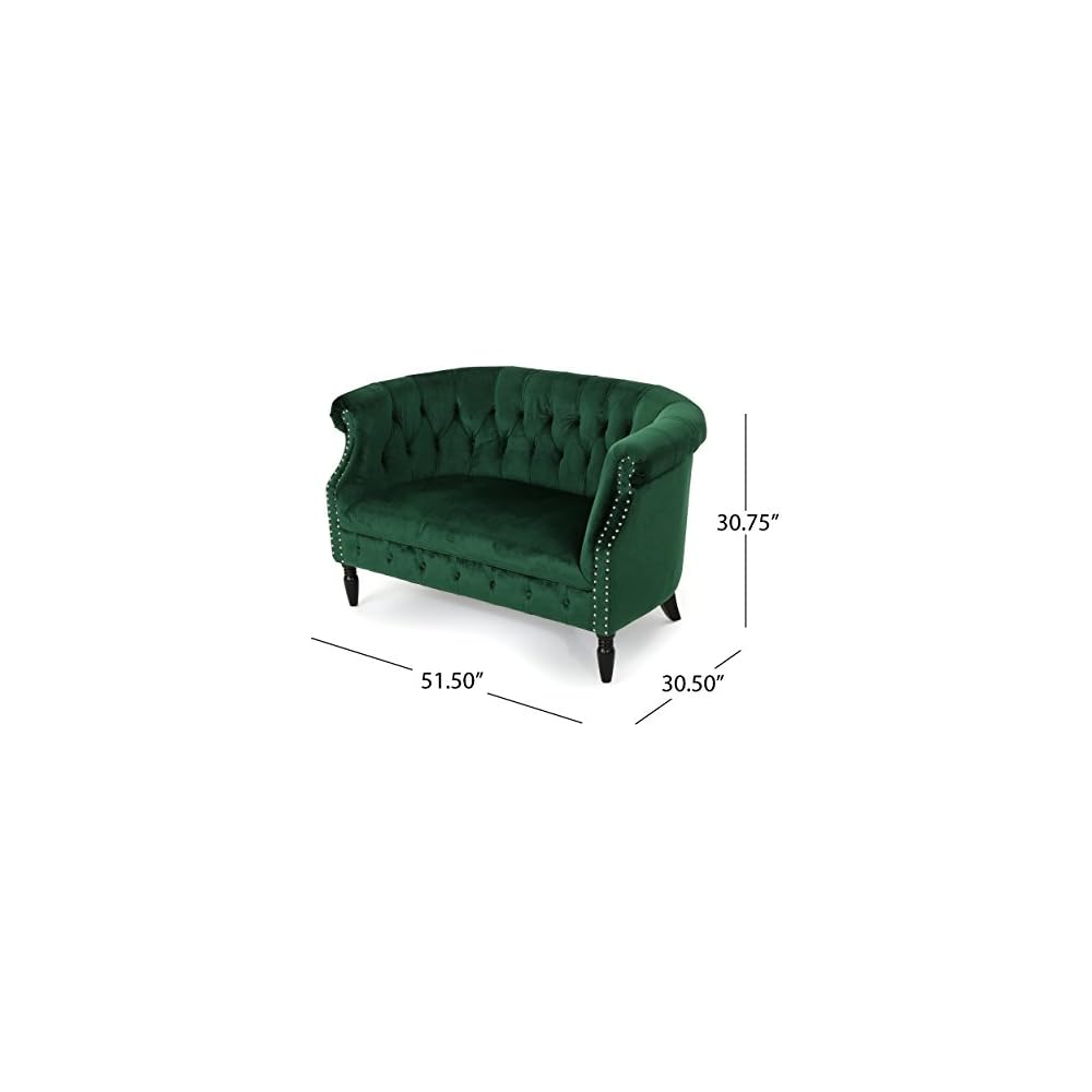 GDFStudio Melaina Tufted Chesterfield Velvet Loveseat with Scrolled Arms, Emerald and Dark Brown.