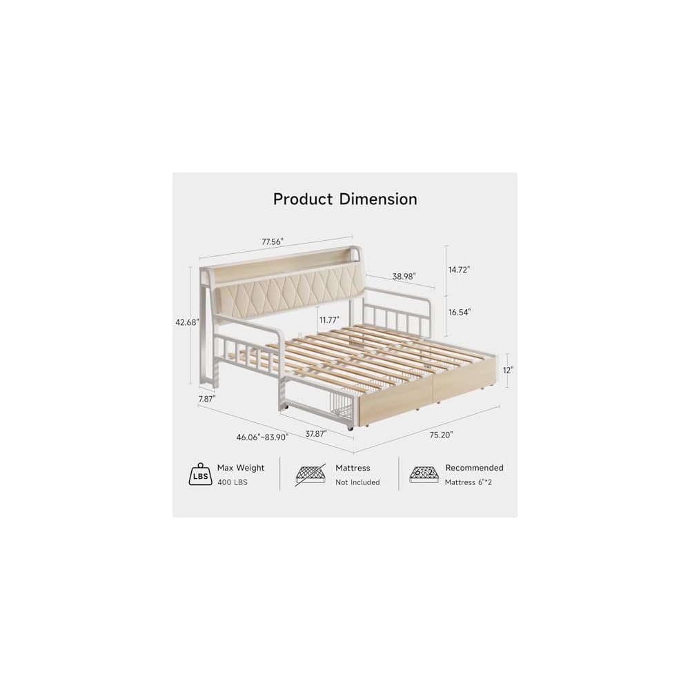 ONBRILL Twin Daybed with Pop up Trundle, Twin to King Daybed, White