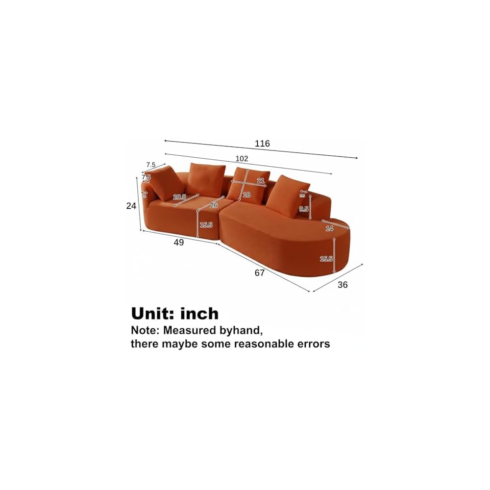 Merax 2-Piece 116" L-Shaped Modular Sectional Sofa Set, 4 Seat Fully Assembled Curved Upholstery Couch with High-Density Compressed Sponge, Chaise Lounge & 4 Pillows for Living Room, Orange