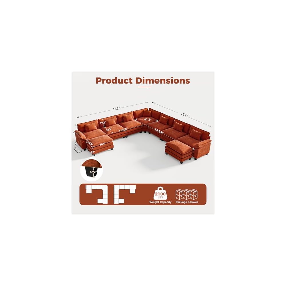 CDCASA 152" Oversized Modular Sectional Sofa with Corner, Comfy V-Shaped Cloud Couch w/ 2 Ottomans, 9-Seater Chenille Deep Seat Modern Sofa Couch for Living Room, DIY Combination, Terracotta Orange