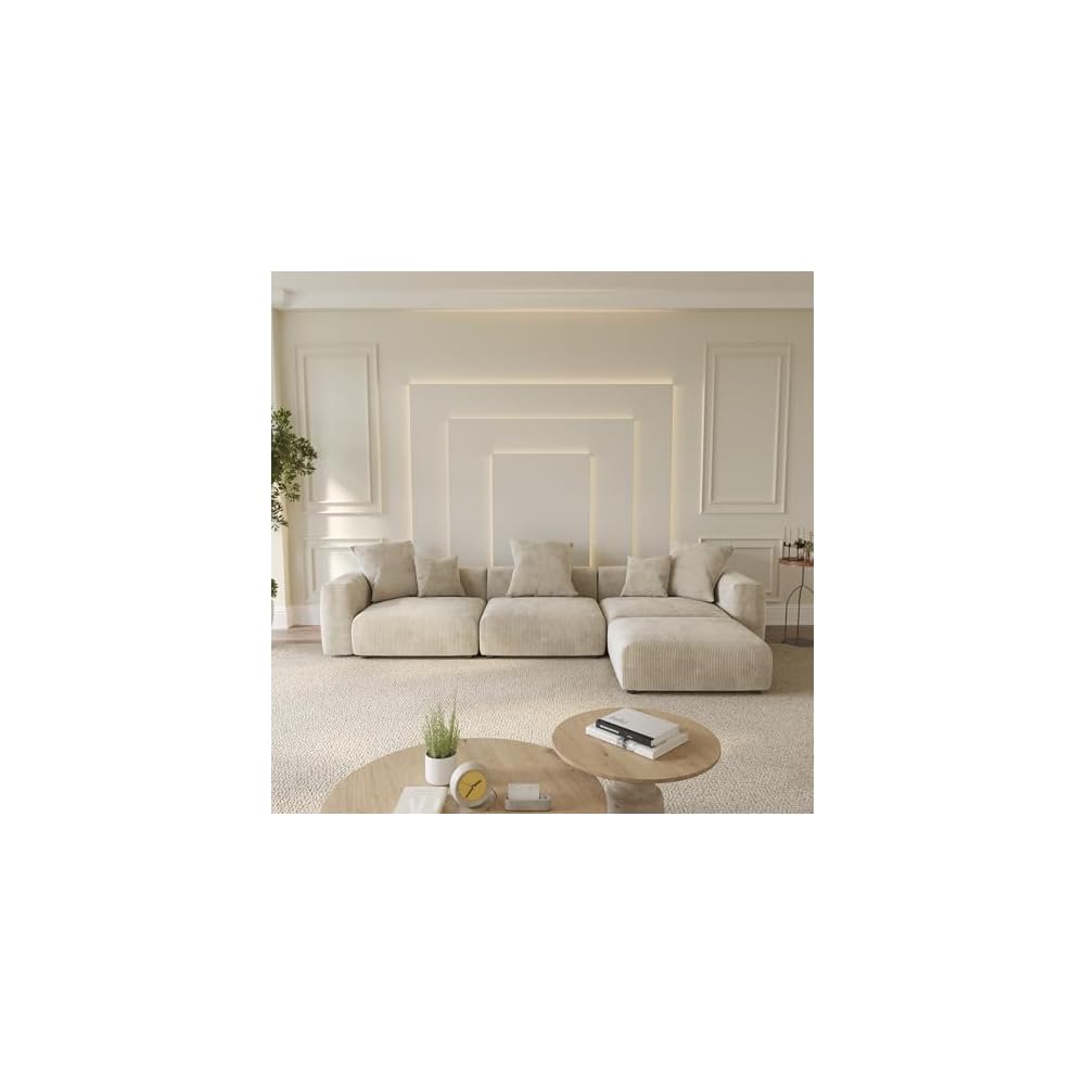 WJShome Cloud Couch Modular Sectional Sofa,141.73inch L Shaped Couch,Oversized Corduroy Couches with Ottoman and Pillows, Beige 4 Seaters Cushion Covers Removable& Washable