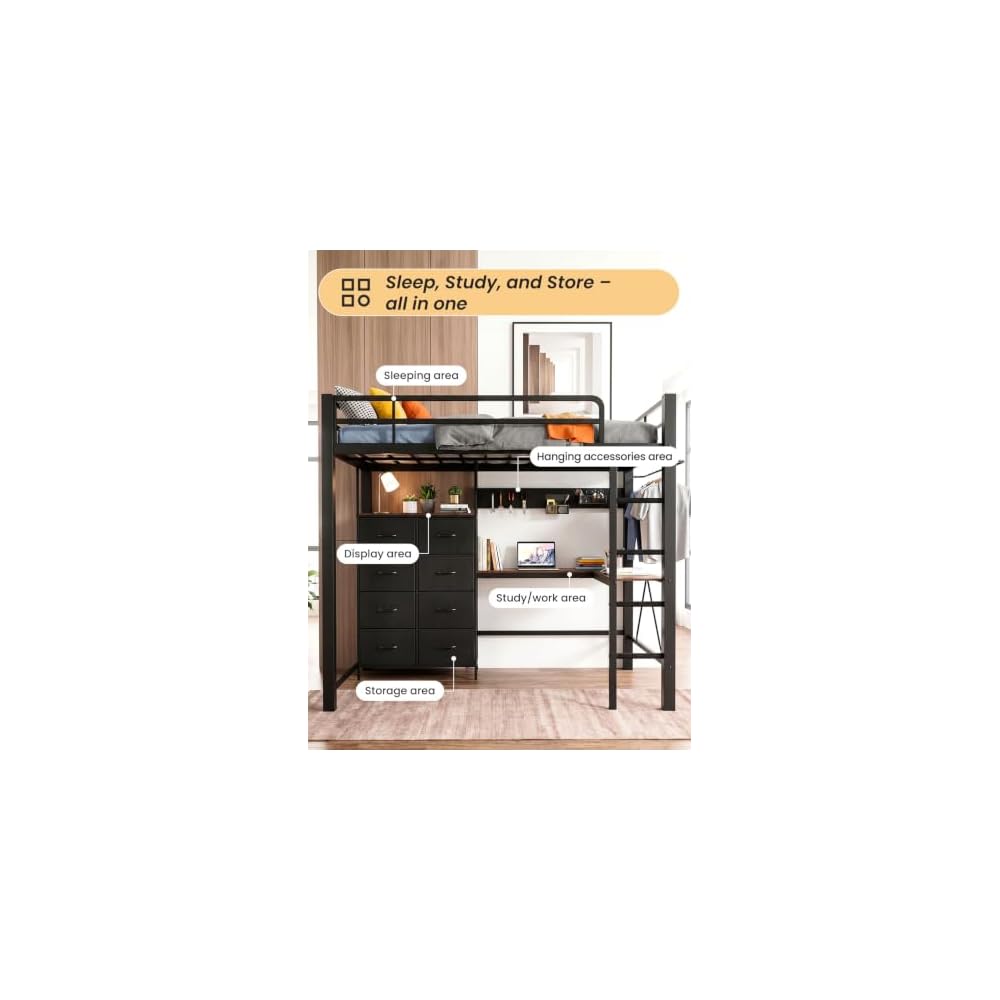 Twin Size Metal Loft Bed with L-Shaped Desk and 8 Storage Drawers,Black