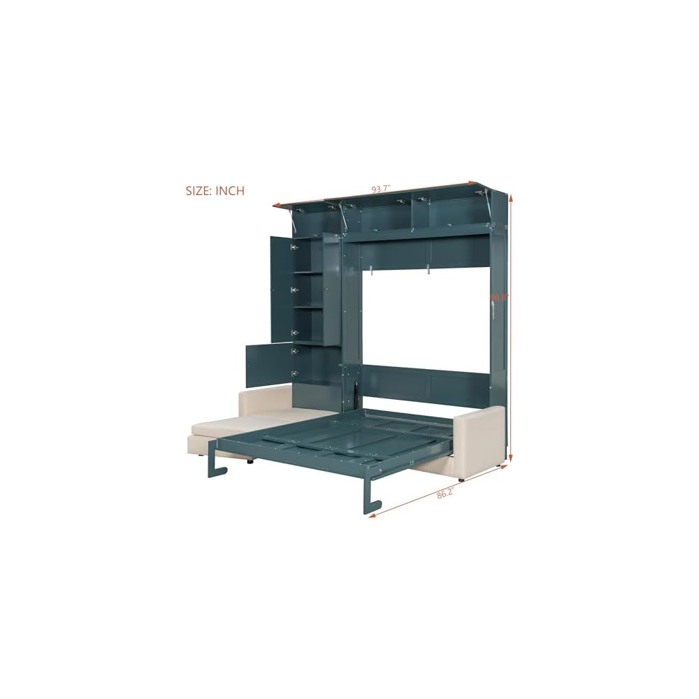 DNYN Queen Size Murphy Bed with Cabinet and Sofa Design for Bedroom/Guest Room, Space-Saving Foldable Wall Bed Frame with Multi-Layer Shelves, No Box Spring Needed