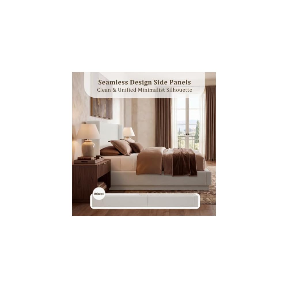 Queen Size Upholstered Platform Bed with Wingback Headboard, Ivory