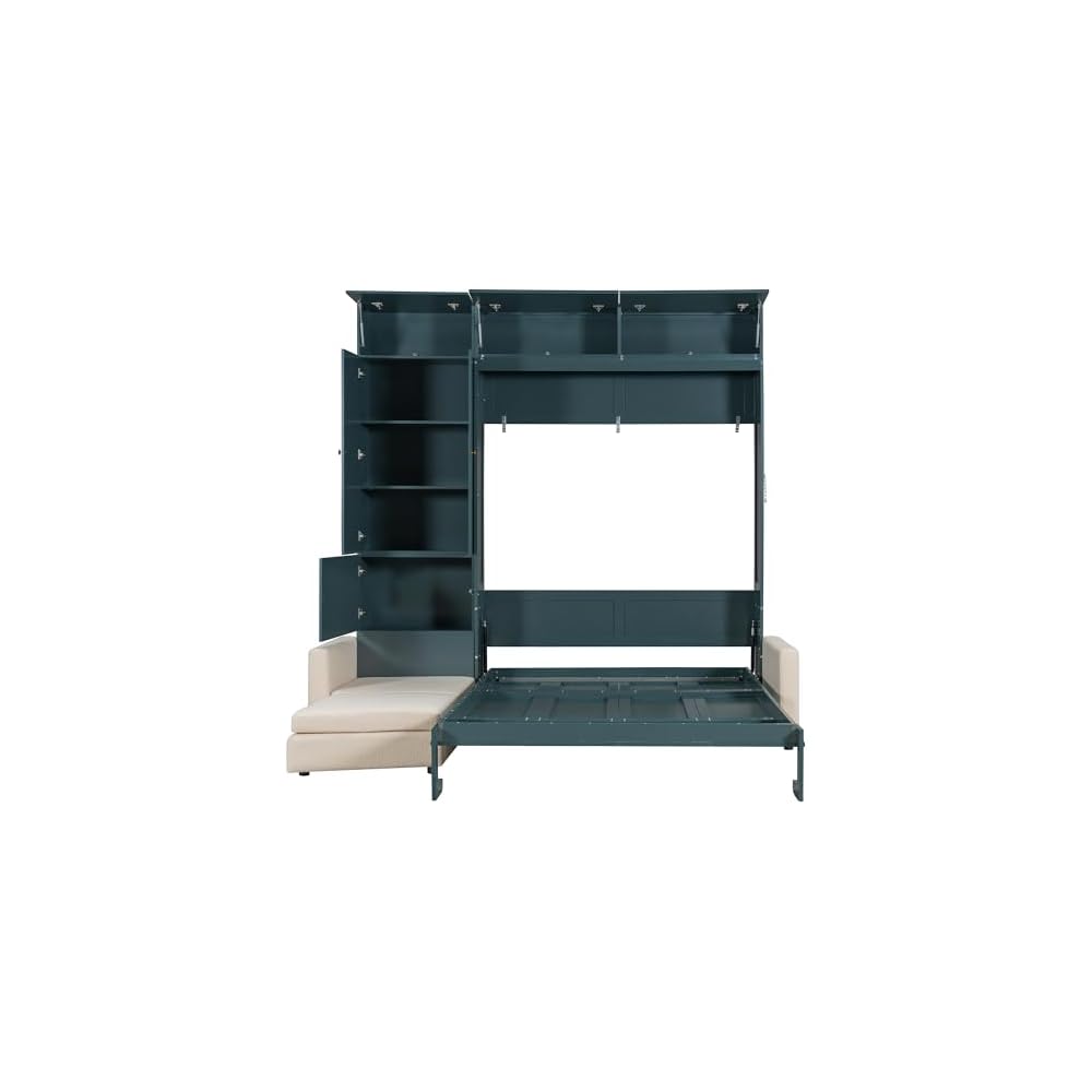 DNYN Queen Size Murphy Bed with Cabinet and Sofa Design for Bedroom/Guest Room, Space-Saving Foldable Wall Bed Frame with Multi-Layer Shelves, No Box Spring Needed