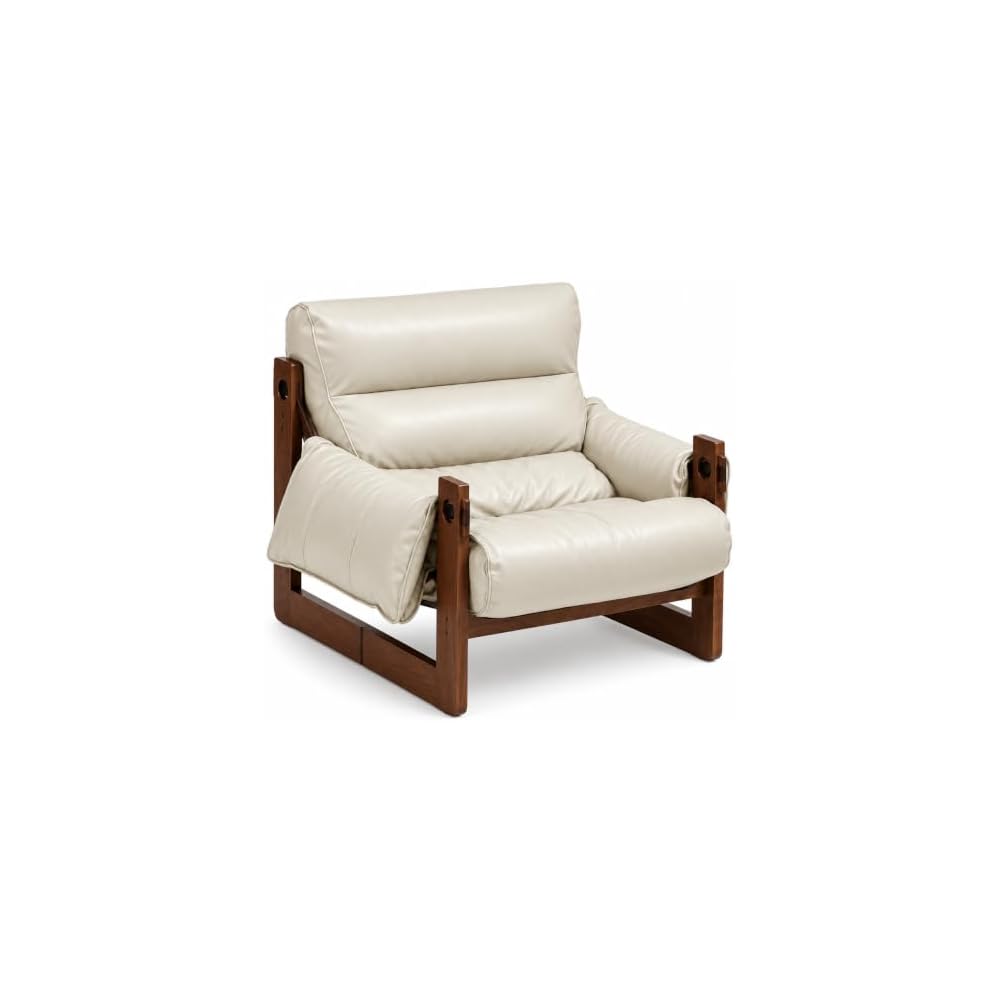 Faux Leather Accent Chair with Wood Frame, Low-Profile Lounge Chair, Beige
