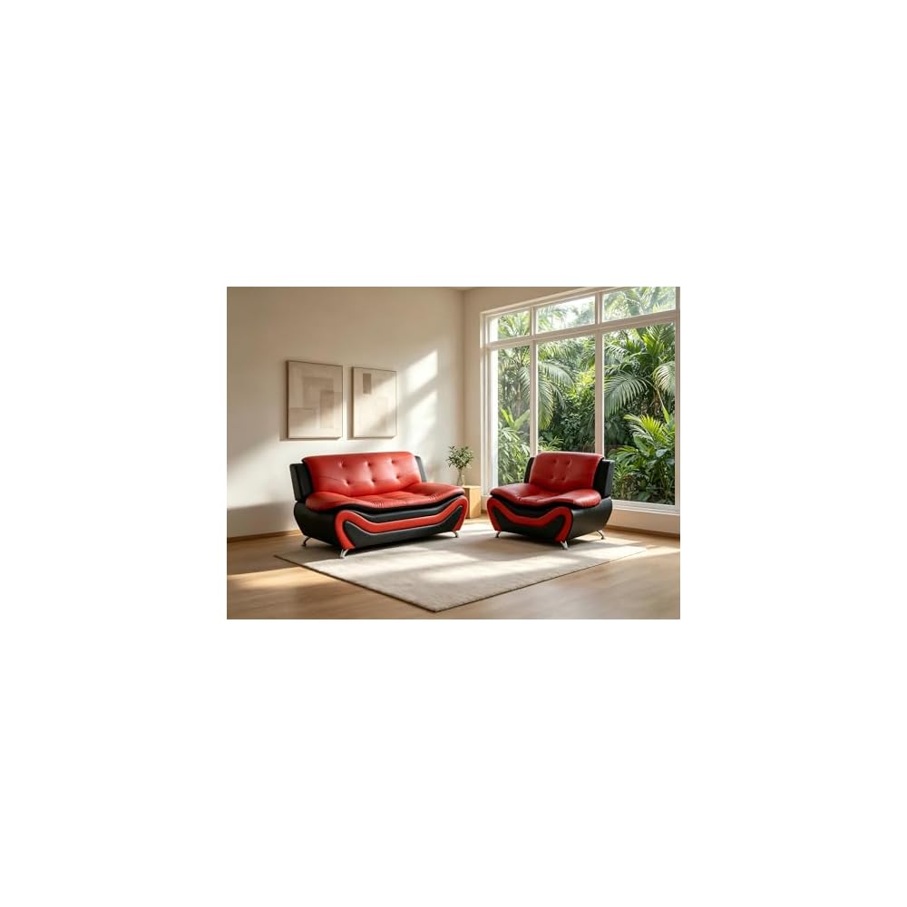 Living Room Furniture Set, 2-Piece Modern Black&Red Faux Leather Couches for Home, Living Room Sofa Sets, Loveseat and Chair with Metal Feet, Couch Set for RV Car, Hotel, Office