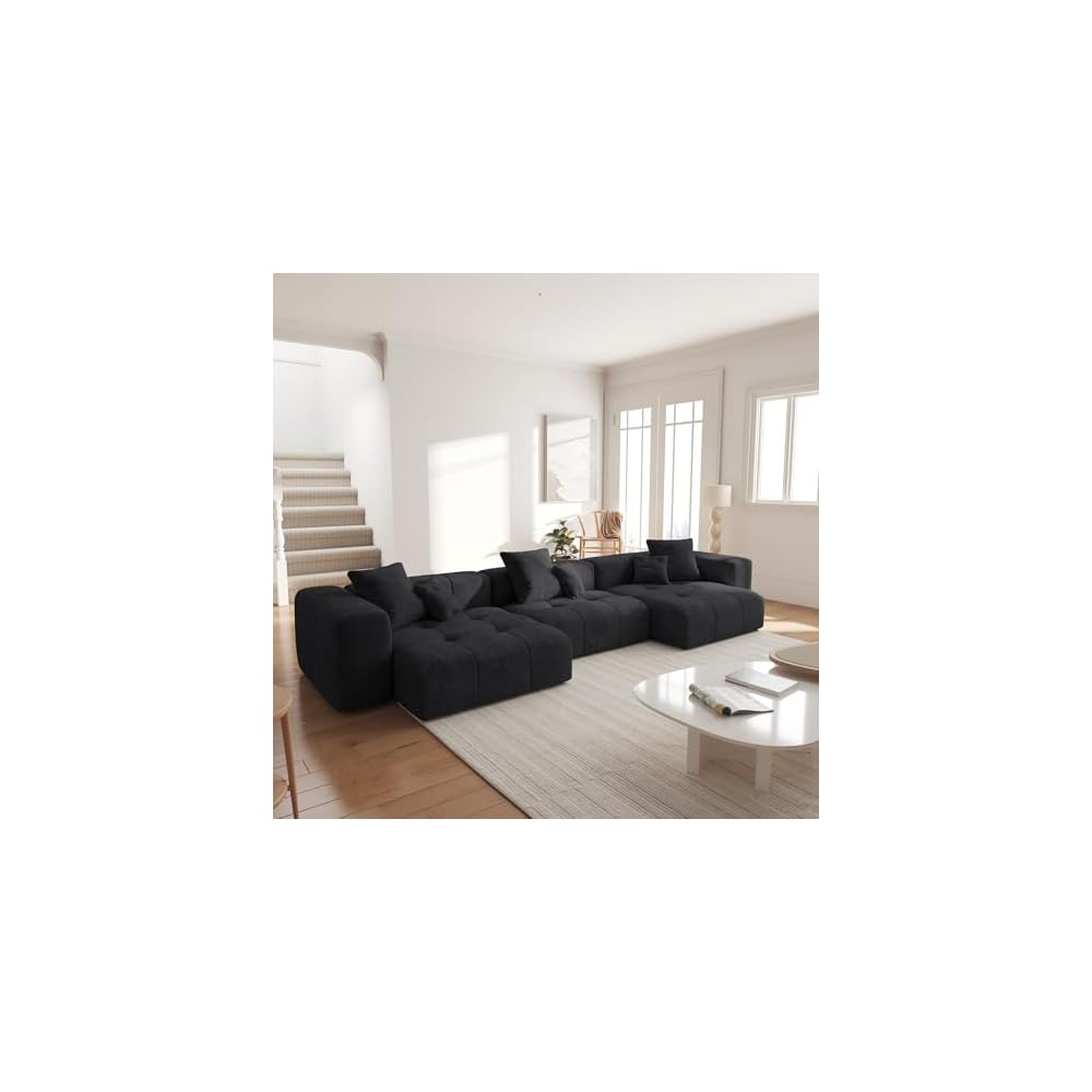 WJShome 144" Sectional Couches for Living Room,Modular Sectional Sofa, U Shaped Couch, Linen Deep Seat Cloud Couches with Pillow for Living Room,Black