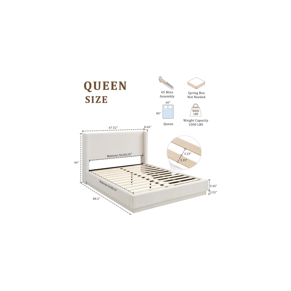 Queen Size Upholstered Platform Bed with Wingback Headboard, Ivory