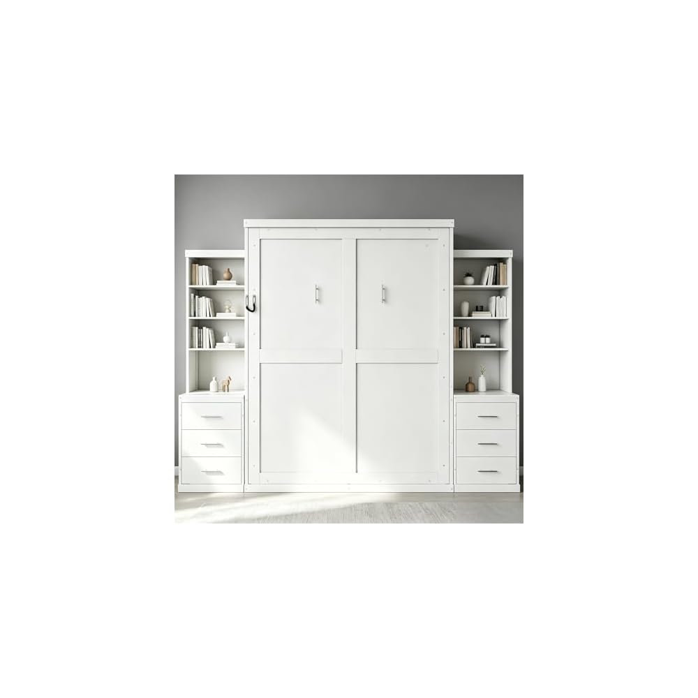 MERITLINE Full Murphy Bed with Storage Shelves and Drawers, Solid Wood Foldable Hidden Murphy Wall Bed with Storage Bookcase for Adults, Library,Guest Room,Bedroom,Office (Full,White w/ 6 Drawers)