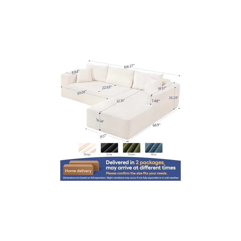 108" Cloud Couch Sectional Boneless L-Shaped Sofa Beige Right Facing Chaise