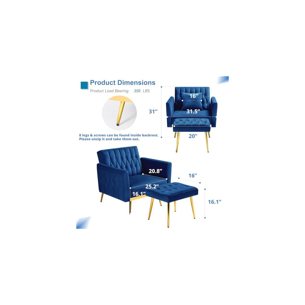 3 Pieces Velvet Sofa Set w/Adjustable Armrest &Backrest,Blue