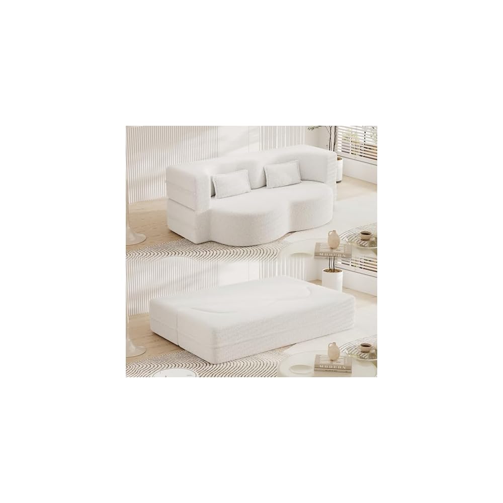 Modern Floor Foam Sleeper Sofa Bed 2-in-1 Convertible Cloud Sofa for Home Apartments Bedroom, Convertible Folding Lounge Sofa Bed, White
