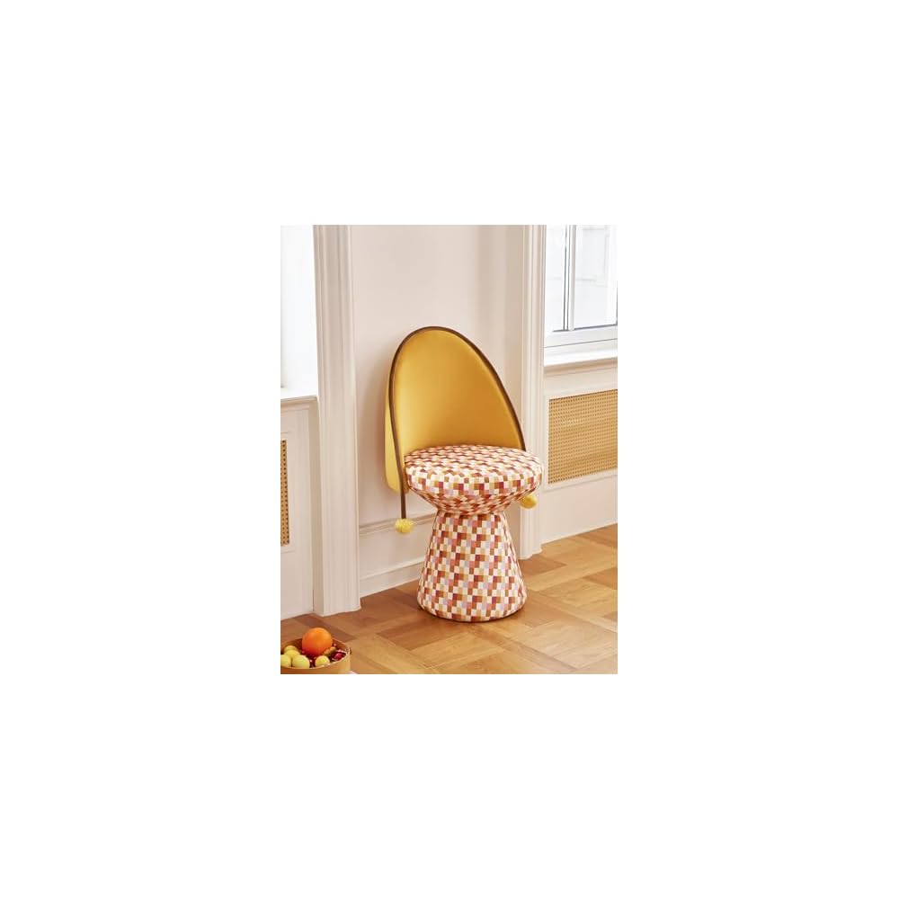 Modern Upholstered Accent Chair with Checkered Seat, Swivel Vanity Chair with Backrest, Yellow Pattern Makeup Chair, Decorative Dining Lounge Chair for Bedroom Living Room