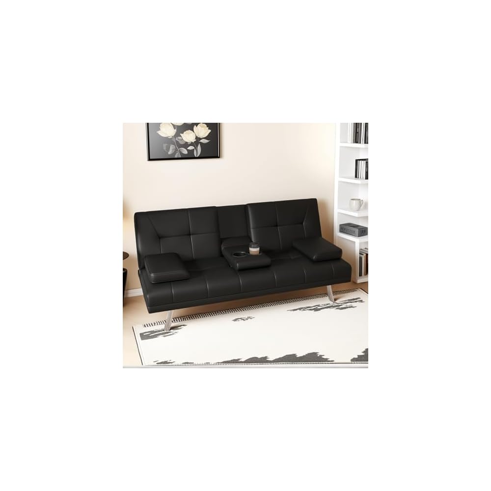 67"Modern Futon Sofa Bed,Convertible 3 in 1 Sleeper Bed Couches with Adjustable Backrest,Cup Holders,Comfy PU Leather Recliner Sofa Loveseat with Chrome Legs for Small Home Living Room (Black)