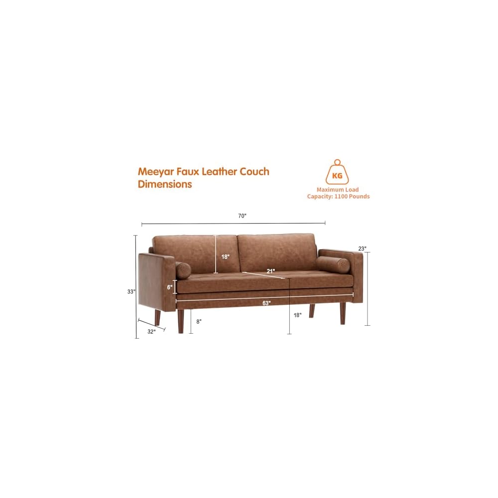 Faux Leather Couch,70" Mid-Century Modern Sofa,Brown