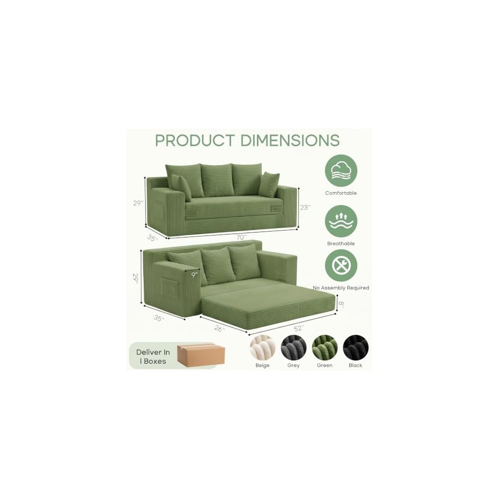 Boneless Couch for Living Room, 3 Seater Convertible Sofa Bed in A Box, Folding Pull Out Couch with Comfy Corduroy, Loveseat Sleeper Floor Sofa with 5 Pillows, No Assembly Required, Green