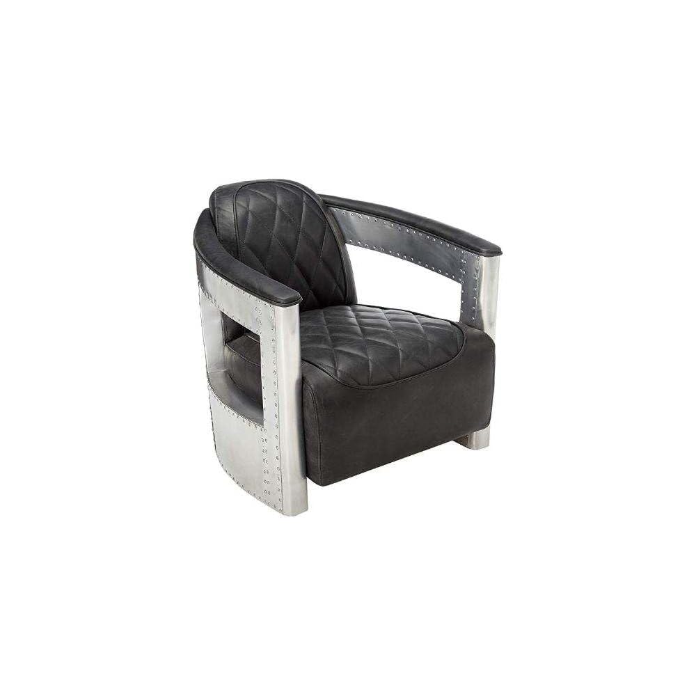 Black Leather Accent Chair with Quilted Seat and Riveted Metal Frame