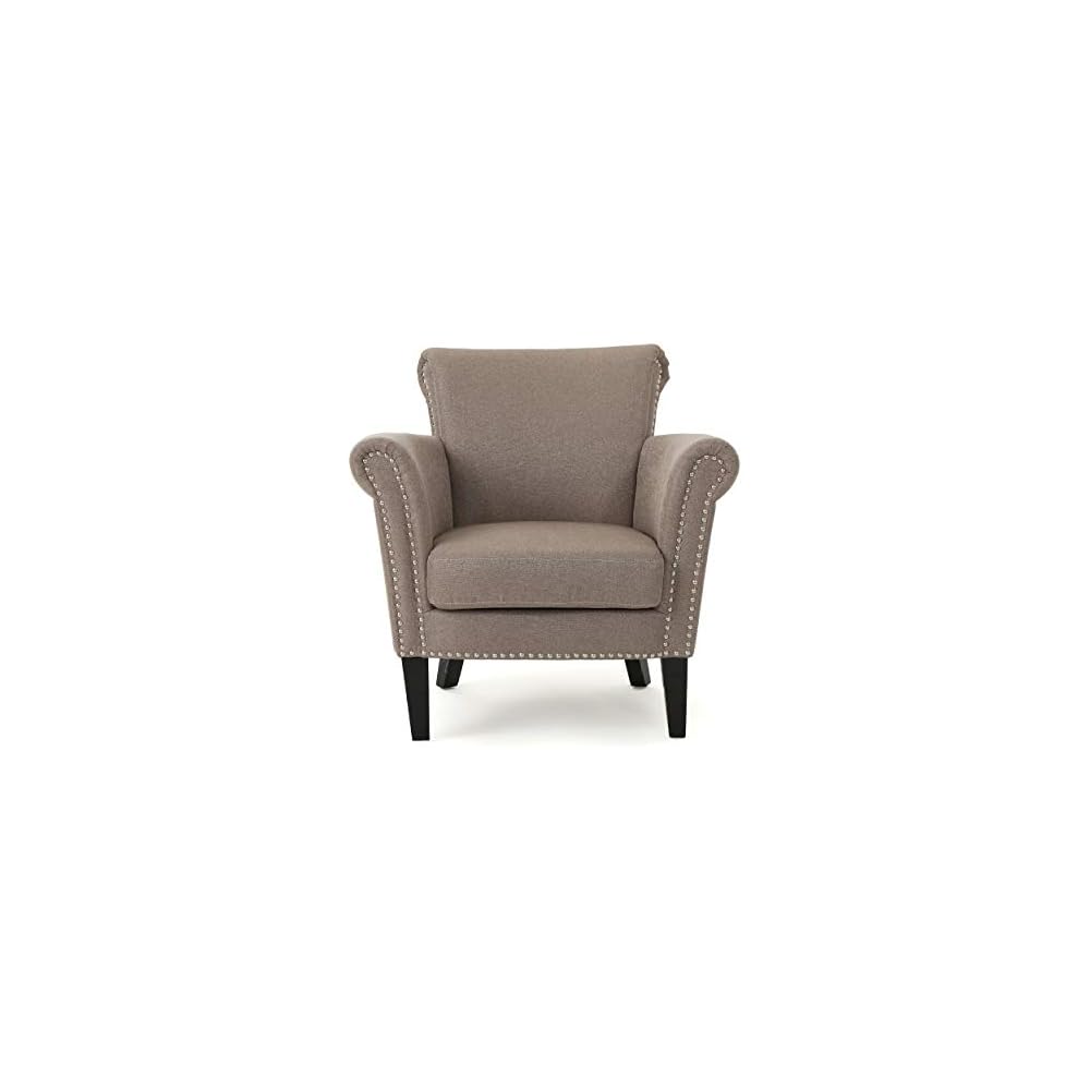 Christopher Knight Home Brice Vintage Scroll Arm Studded Fabric Club Chair, Light Coffee / Dark Brown, 31D x 29.5W x 31.5H in