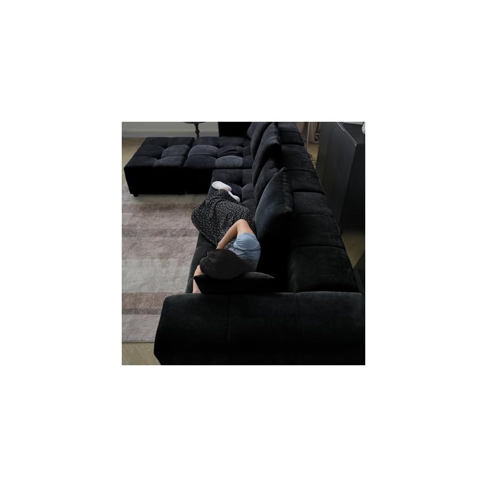 WJShome 144" Sectional Couches for Living Room,Modular Sectional Sofa, U Shaped Couch, Linen Deep Seat Cloud Couches with Pillow for Living Room,Black