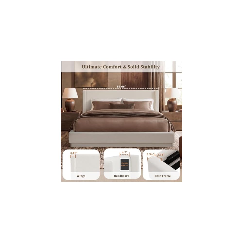 Queen Size Upholstered Platform Bed with Wingback Headboard, Ivory
