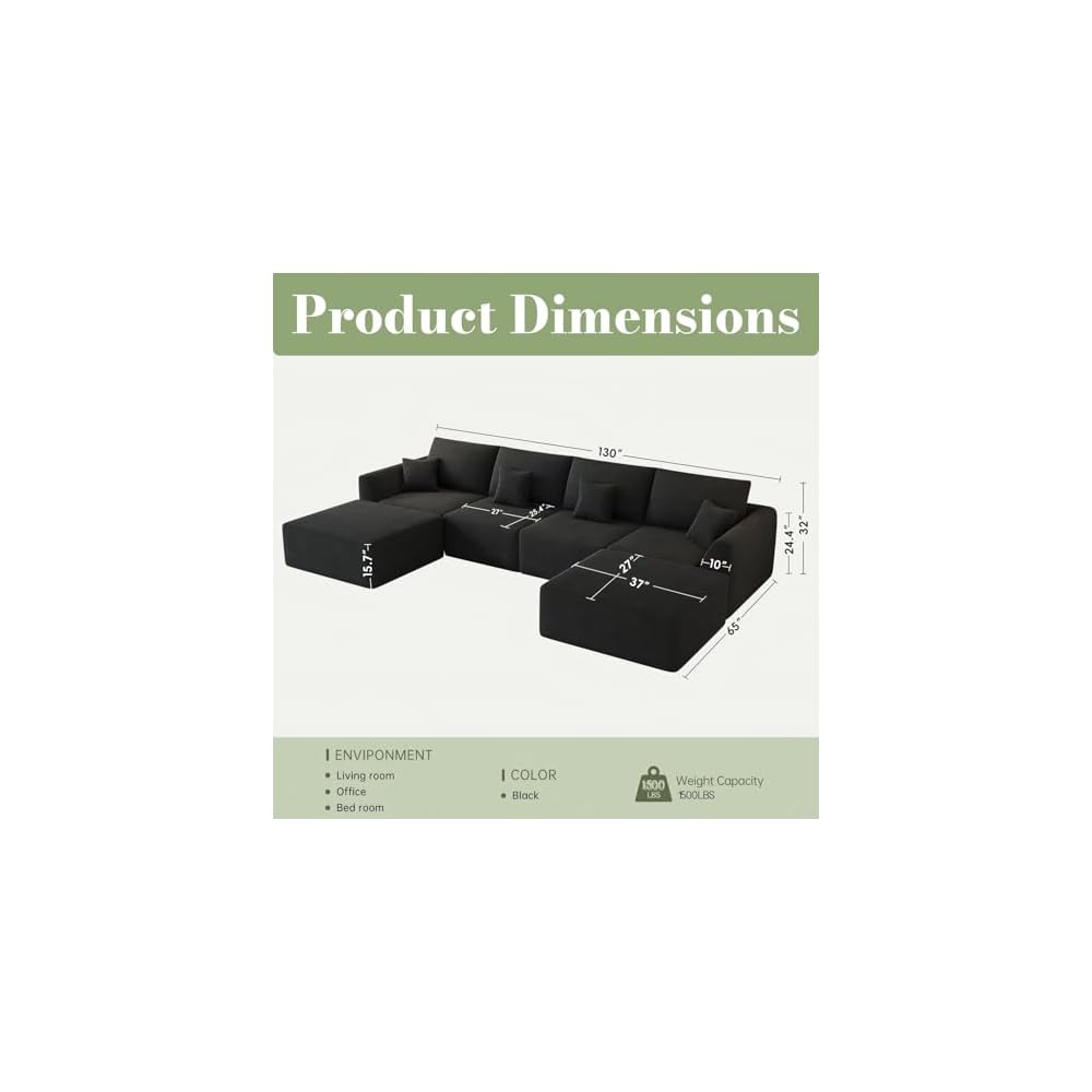 130" Modular Sectional Cloud Boneless Couch for Living Room, Black