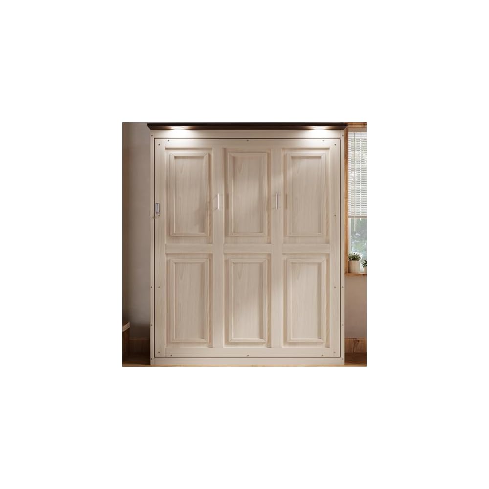 Virubi Queen Farmhouse Murphy Bed with LED, Solid Wood Vertical Murphy Wall Bed Cabinet for Adults for Guest Room (Natural Wood)