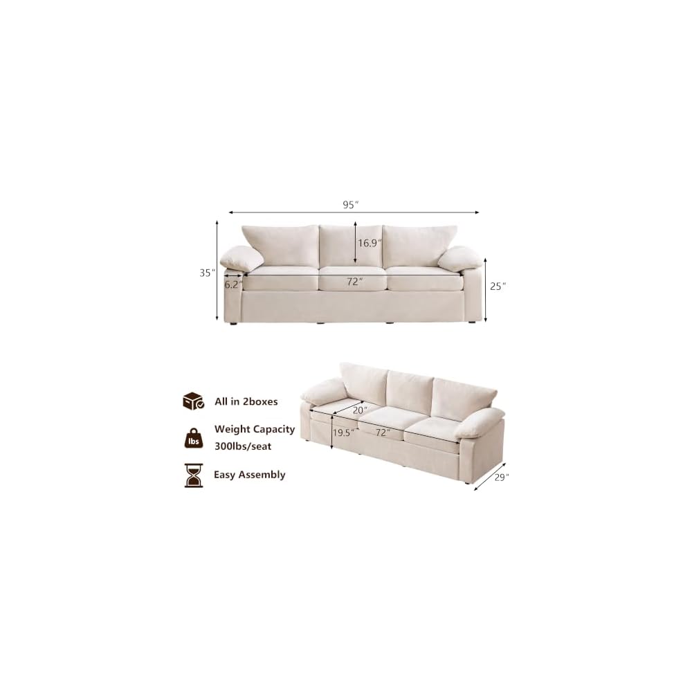 95 "3 Seater Sofa Removable Armrest Chenille Cloud Sofa,Hidden Legs,Beige