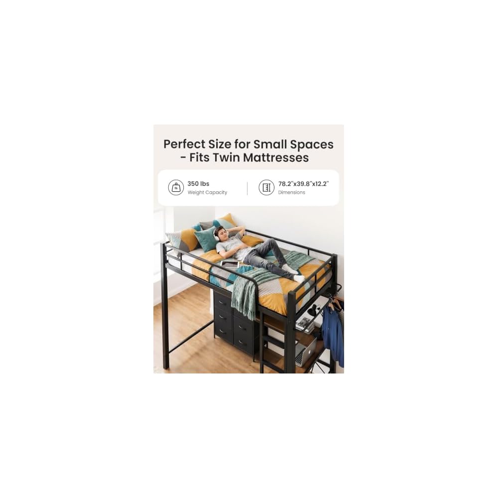 Twin Size Metal Loft Bed with L-Shaped Desk and 8 Storage Drawers,Black
