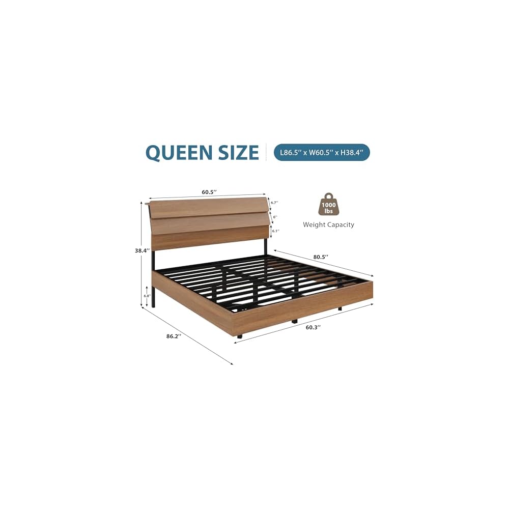Queen Floating Bed Frame with LED Lights, Wood Platform Bed with Storage Headboard & Charging Station, Metal Support, No Box Spring Needed, Noise-Free, Easy Assembly, Walnut