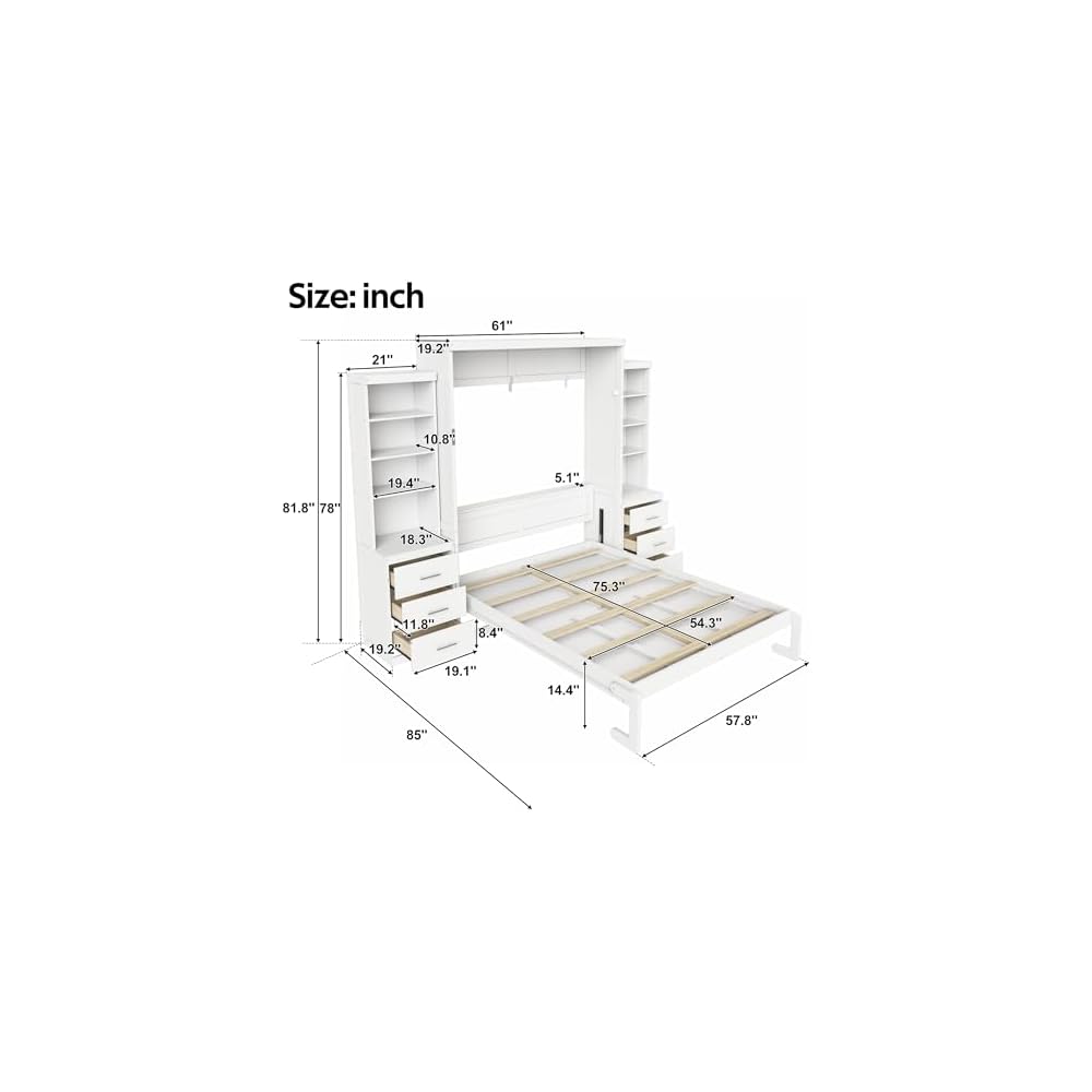 MERITLINE Full Murphy Bed with Storage Shelves and Drawers, Solid Wood Foldable Hidden Murphy Wall Bed with Storage Bookcase for Adults, Library,Guest Room,Bedroom,Office (Full,White w/ 6 Drawers)