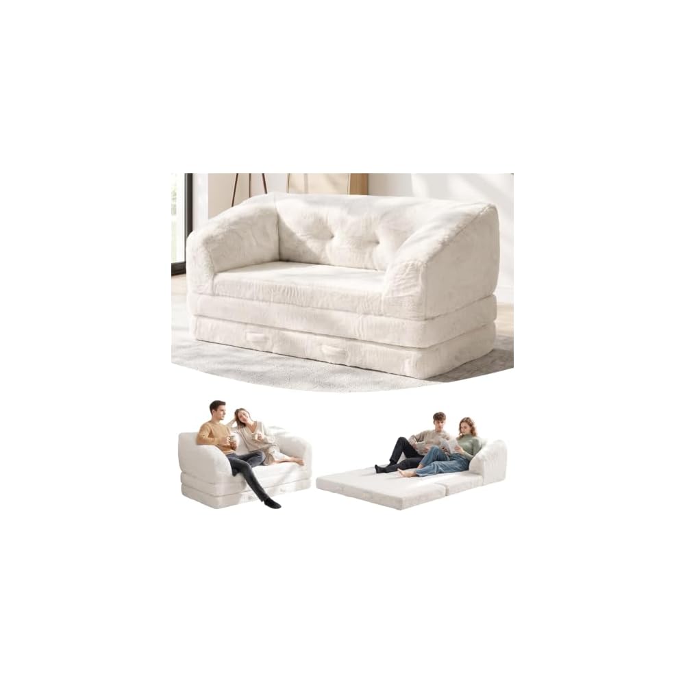 Boneless Loveseat Futon Sofa Bed,Small Boneless Couch with Pull Out Handle,Convertible Sleeper Chair Folding Floor Couch for Living Room, Guest Room,Bedroom,Beige
