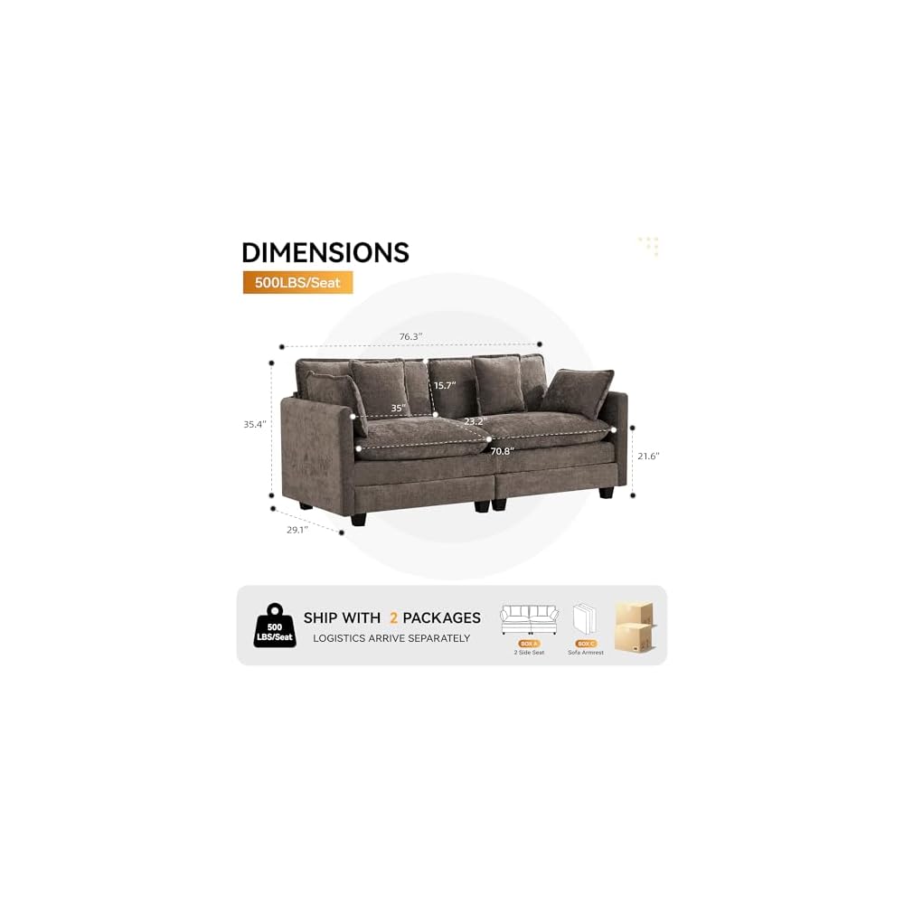 76'' Cloud Deep Seat Loveseat, Modular Sofa for Living Room, Brown