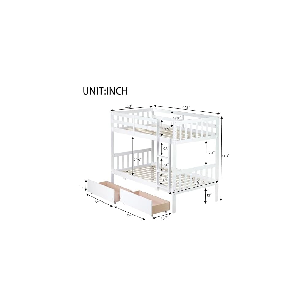 PVWIIK Twin Over Twin Bunk Bed with Storage,White