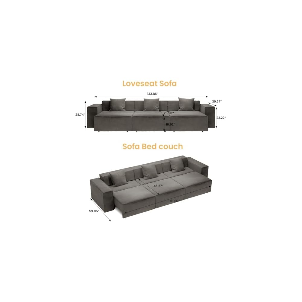 133" Power Modern Sofa Bed Oversized Large Sleeper Sectional Sofa Bed Convertible Couch Bed for Living Room Electric Pull Out with Deep Seat Comfy Velvet Beige Sofa, Dark Gray