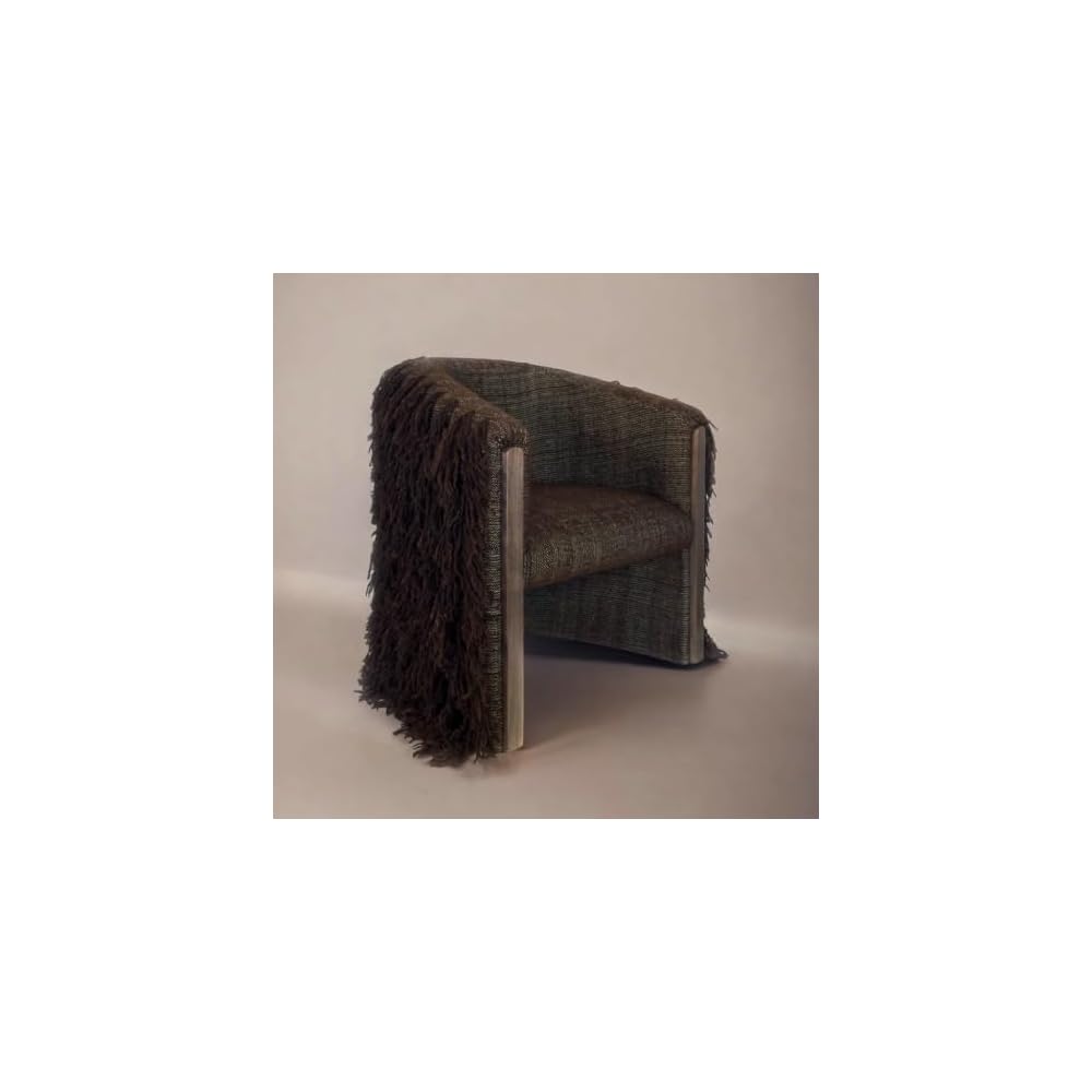 Brown Faux Wool Fringe Accent Chair with Wood Frame, Contemporary Armchair