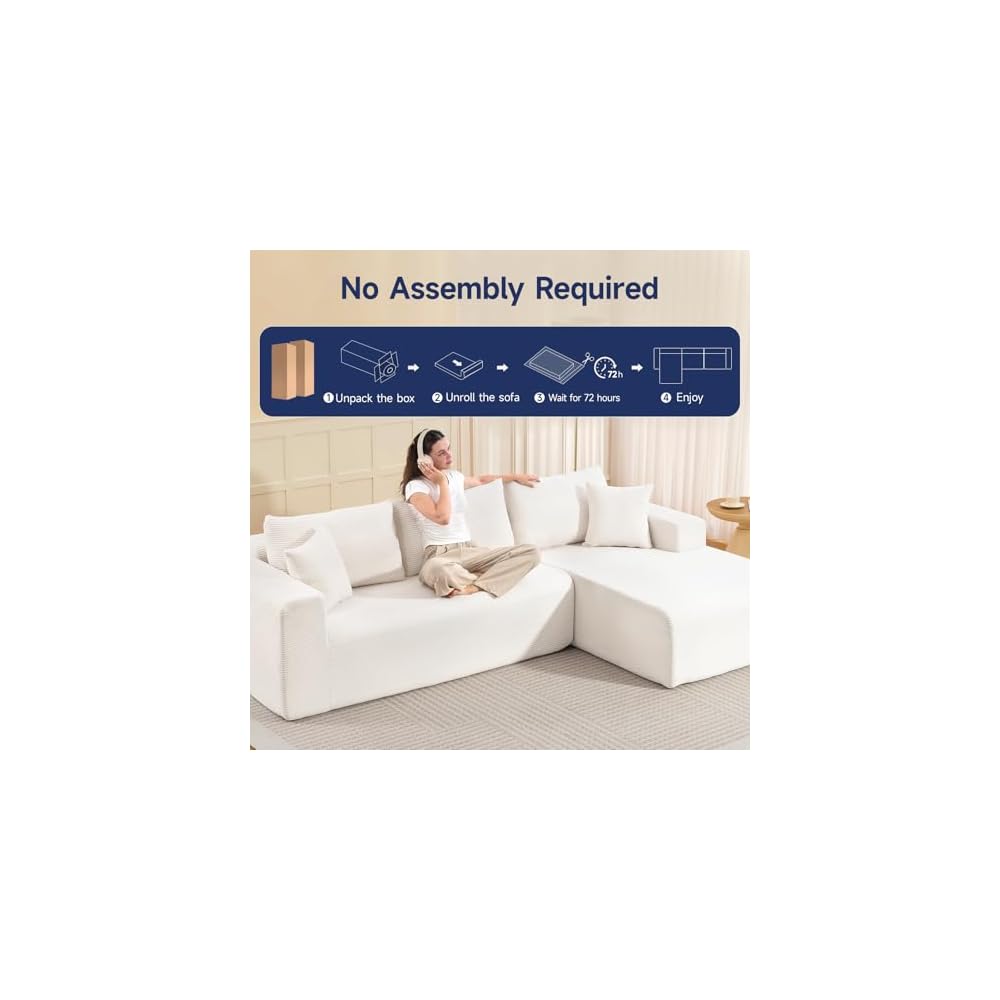 108" Cloud Couch Sectional Boneless L-Shaped Sofa Beige Right Facing Chaise