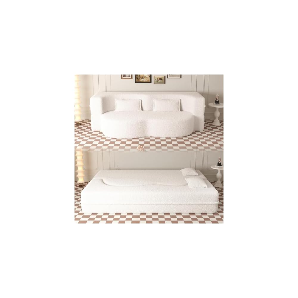 Modern Floor Foam Sleeper Sofa Bed 2-in-1 Convertible Cloud Sofa for Home Apartments Bedroom, Convertible Folding Lounge Sofa Bed, White