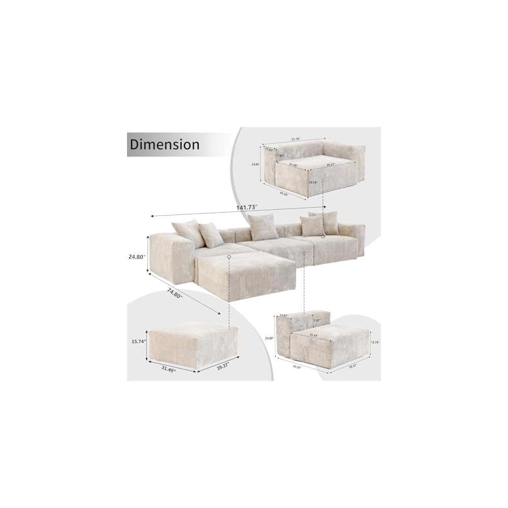 WJShome Cloud Couch Modular Sectional Sofa,141.73inch L Shaped Couch,Oversized Corduroy Couches with Ottoman and Pillows, Beige 4 Seaters Cushion Covers Removable& Washable