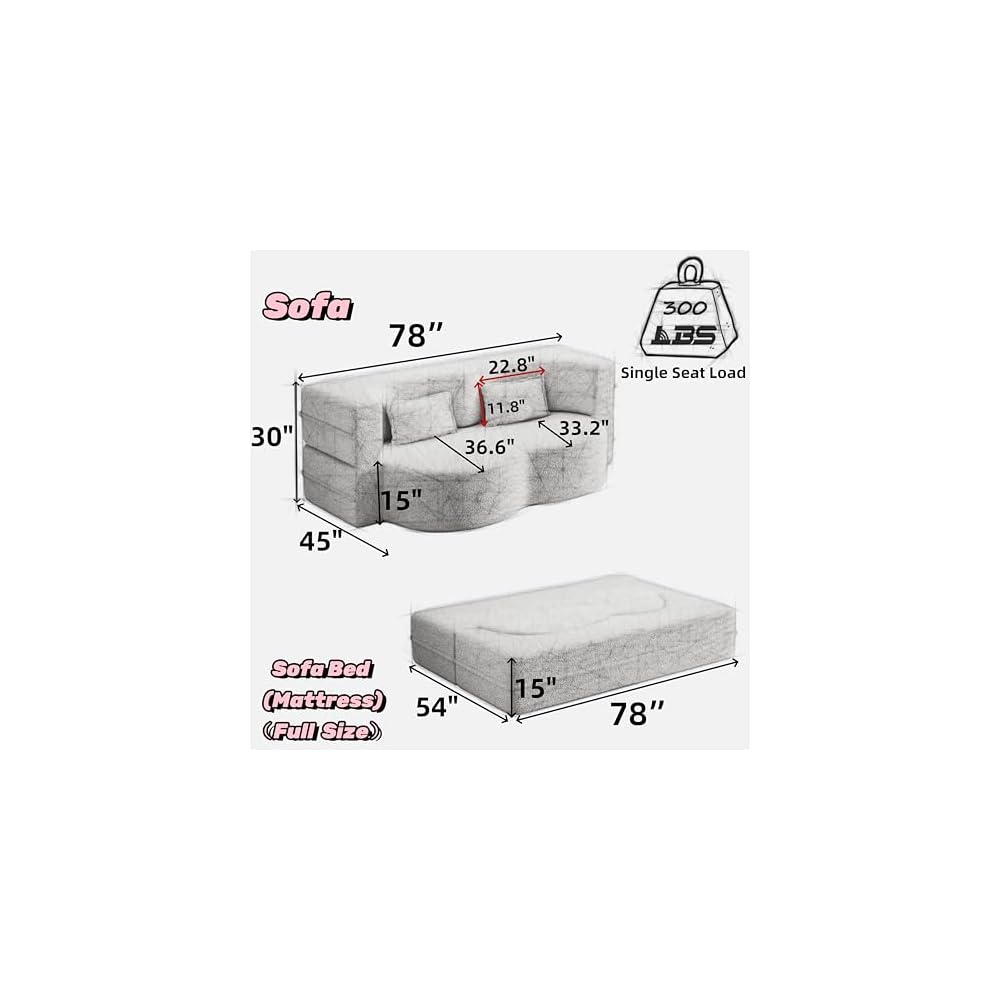 Modern Floor Foam Sleeper Sofa Bed 2-in-1 Convertible Cloud Sofa for Home Apartments Bedroom, Convertible Folding Lounge Sofa Bed, White