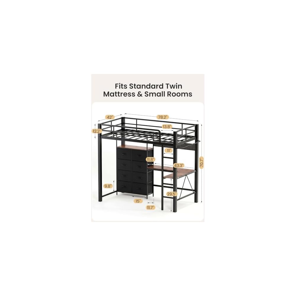 Twin Size Metal Loft Bed with L-Shaped Desk and 8 Storage Drawers,Black