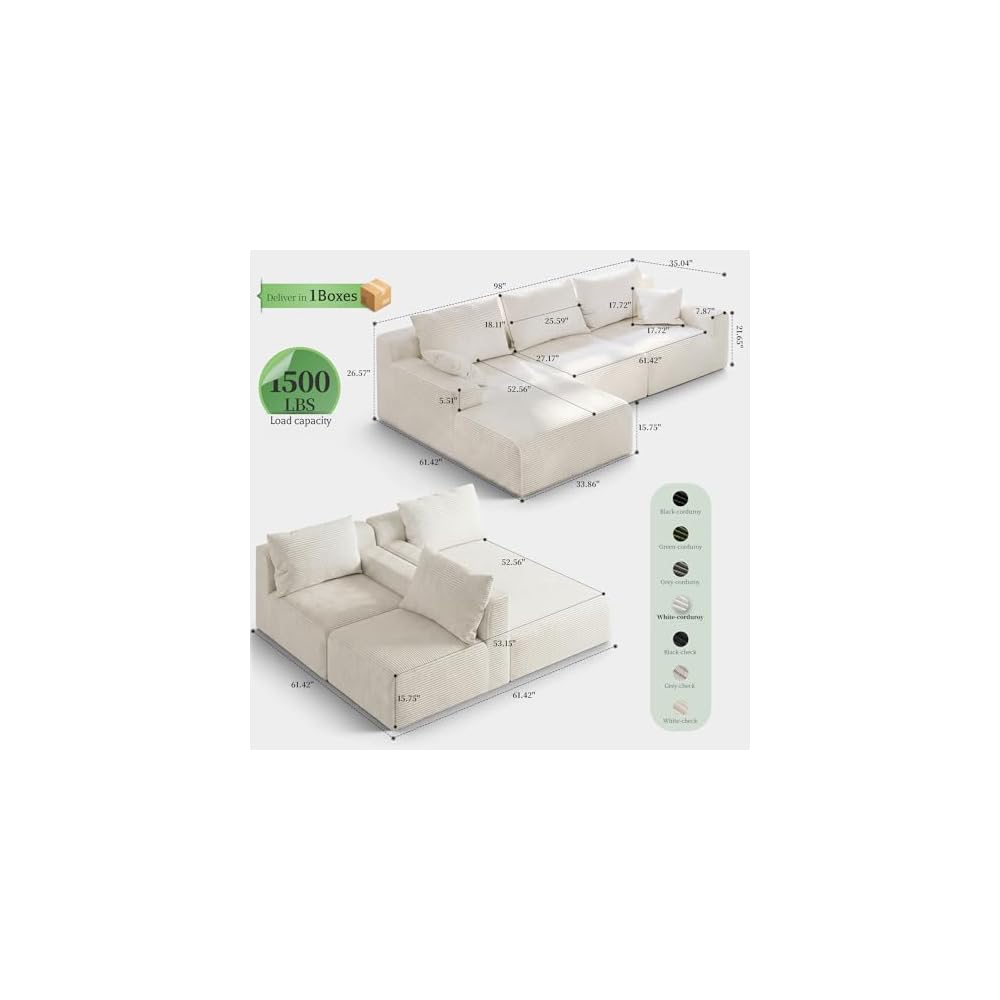 Homkdom 97" L-Shaped Cloud Corduroy Sofa with Left Chaise, Modular Sectional Couch, Flexible Combination Couches for Living Room, Bedroom, No Assembly Required (White)