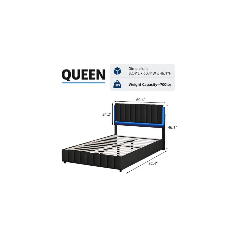 Queen Platform Bed Frame with LED Lights, Faux Leather Headboard, Black