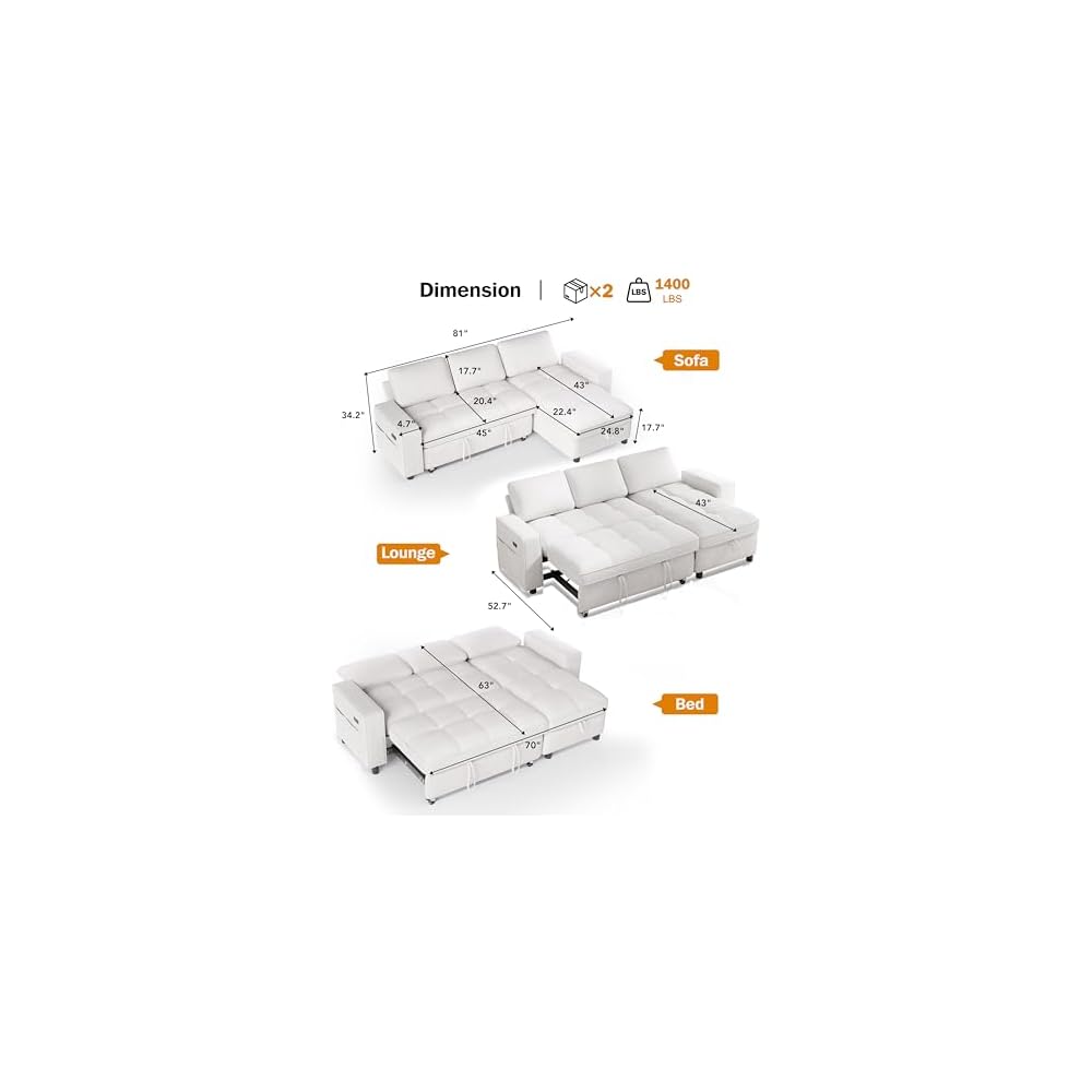 WEUP 81" Modular Sectional Sleeper Sofa Bed, Chenille L-Shaped Couch Bed with Adjustable Backrest, Pull Out Couch with Reversible Chaise Storage, USB Charging & Tool-Free Assembly, Beige