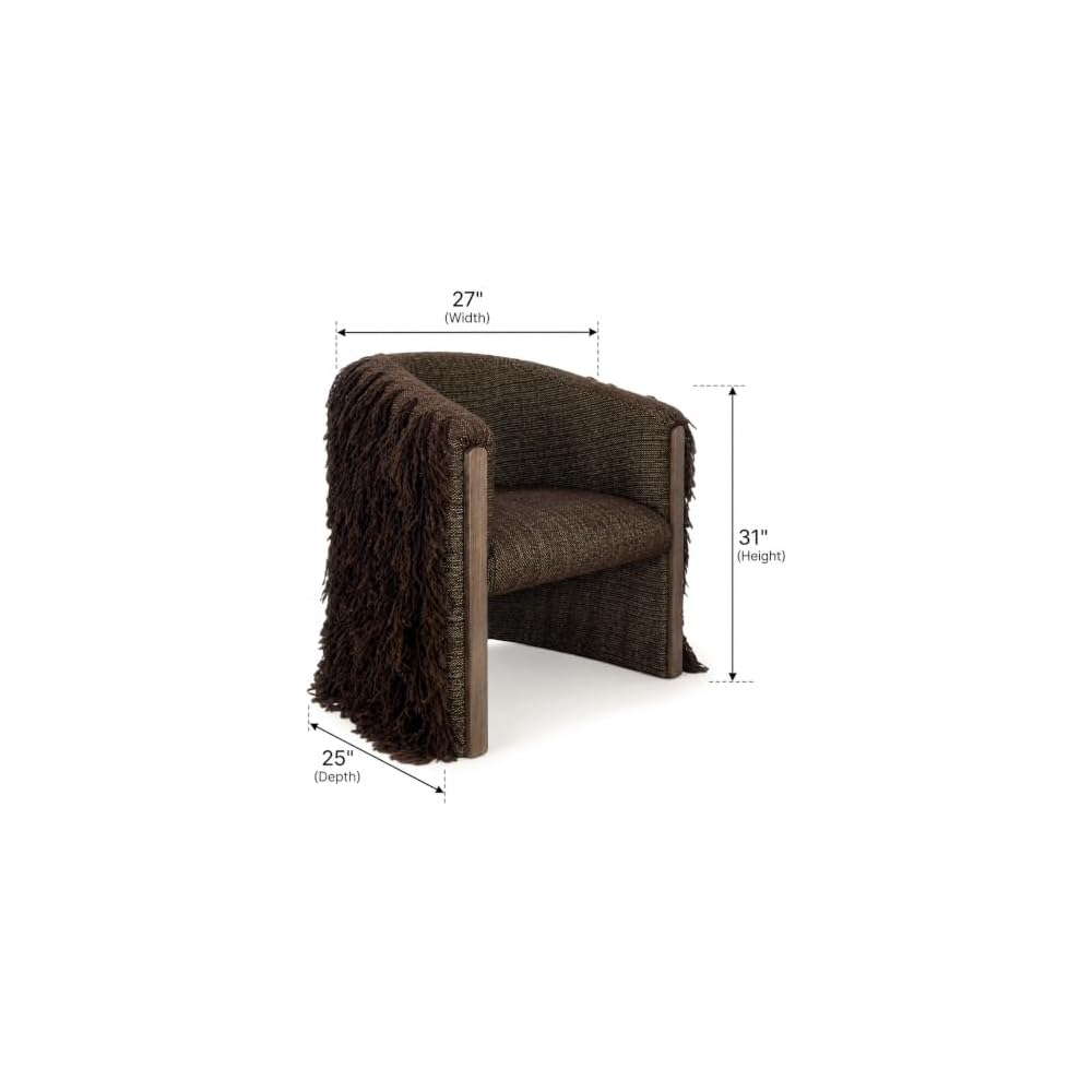 Brown Faux Wool Fringe Accent Chair with Wood Frame, Contemporary Armchair