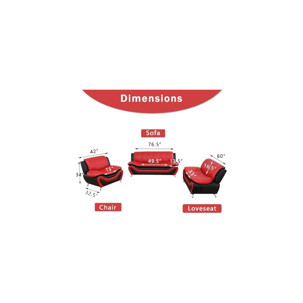 Living Room Furniture Set, 2-Piece Modern Black&Red Faux Leather Couches for Home, Living Room Sofa Sets, Loveseat and Chair with Metal Feet, Couch Set for RV Car, Hotel, Office